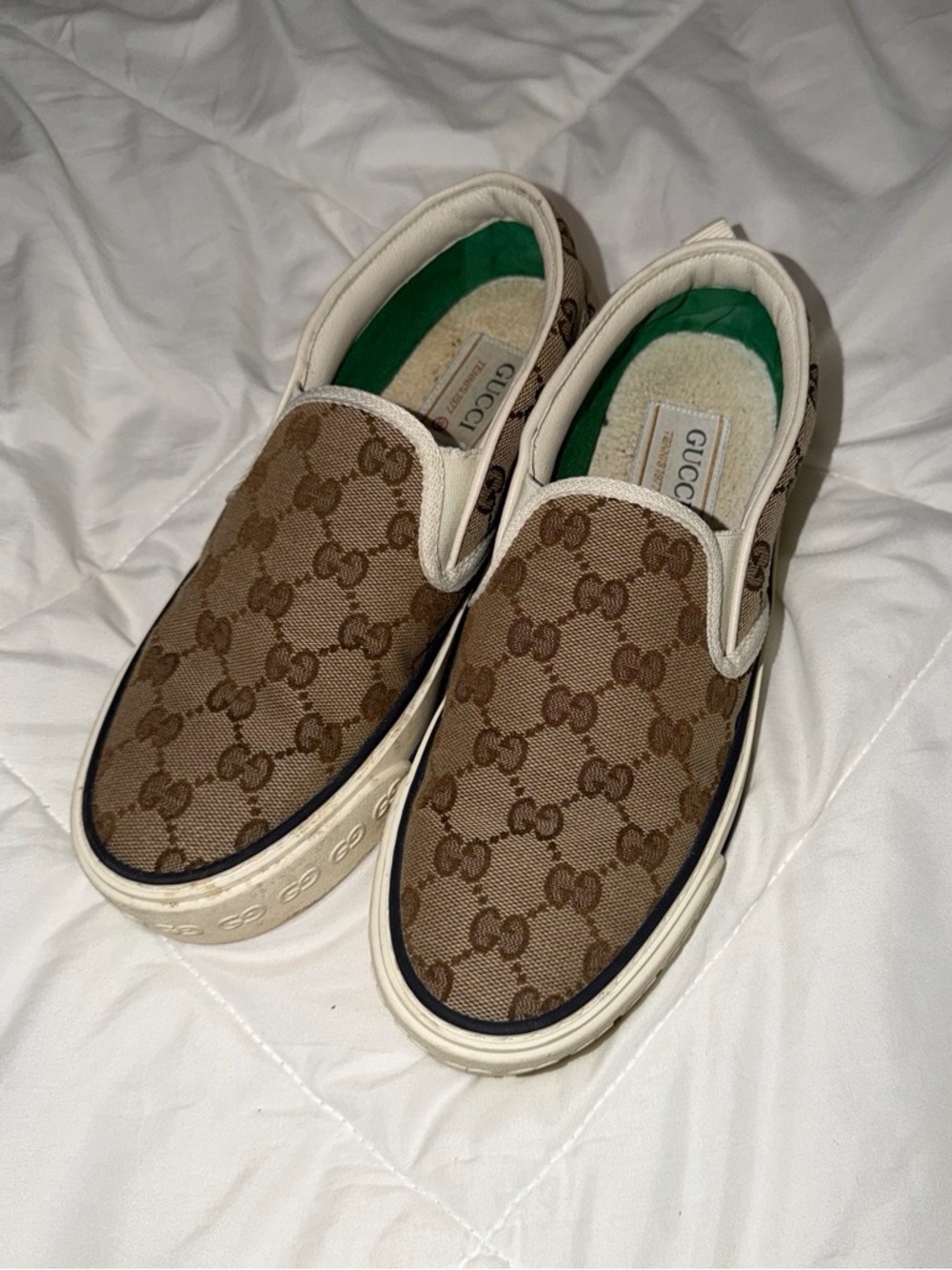 Gucci Brown GG Canvas Slip-On Sneakers with Green Insole